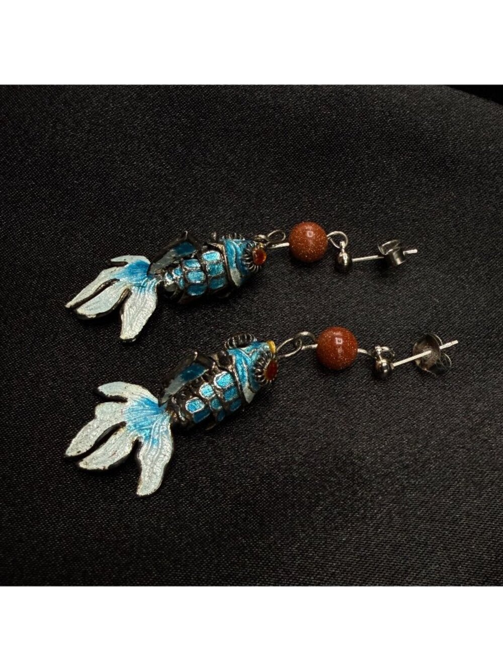 Vintage Chinese Fish Dangle Earrings With Blue Enamel & Brown Beads
